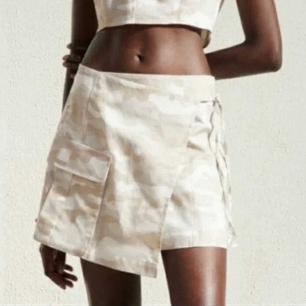 Zara Linen Blend Camo True Wrap Mini Cargo Skirt 9189/034/743 Medium Beige White